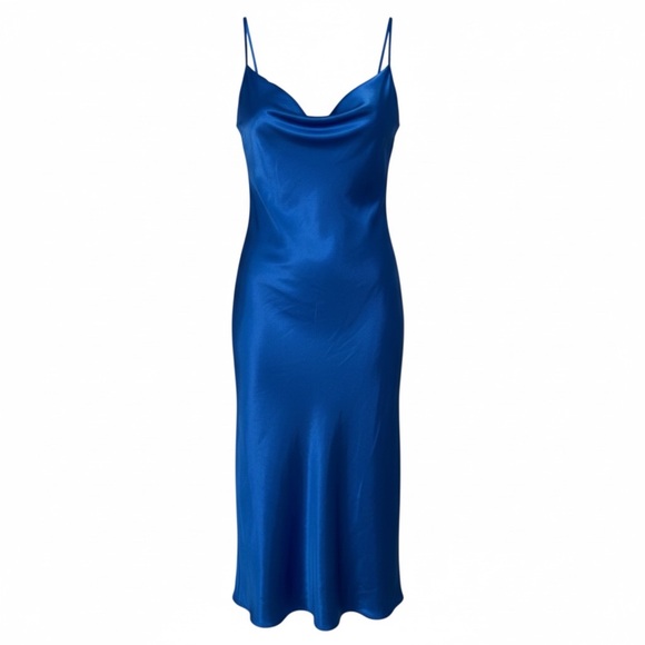 Vintage Bebe Satin Cowl Neck Slip Midi Dress Royal Blue Size S NWT - Picture 5 of 12